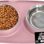 GORILLA GRIP Feeding Mat Set, Patent Pending 100% Waterproof BPA Free Silicone, Stainless Steel Cat and Dog Bowls, Slip Resistant, High Edges Catch Water, Food, US Designed Pet Accessories, 2 Cup Pink