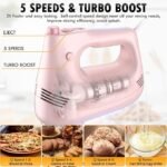 Electric Hand Mixer with Stainless Steel Whisk, Dough Hook Attachment and Storage Bag, Handheld Mixer for Baking Cakes, Eggs, Cream Food Mixers. Turbo Boost /5 Speed Kitchen Blender PINK - Image 4
